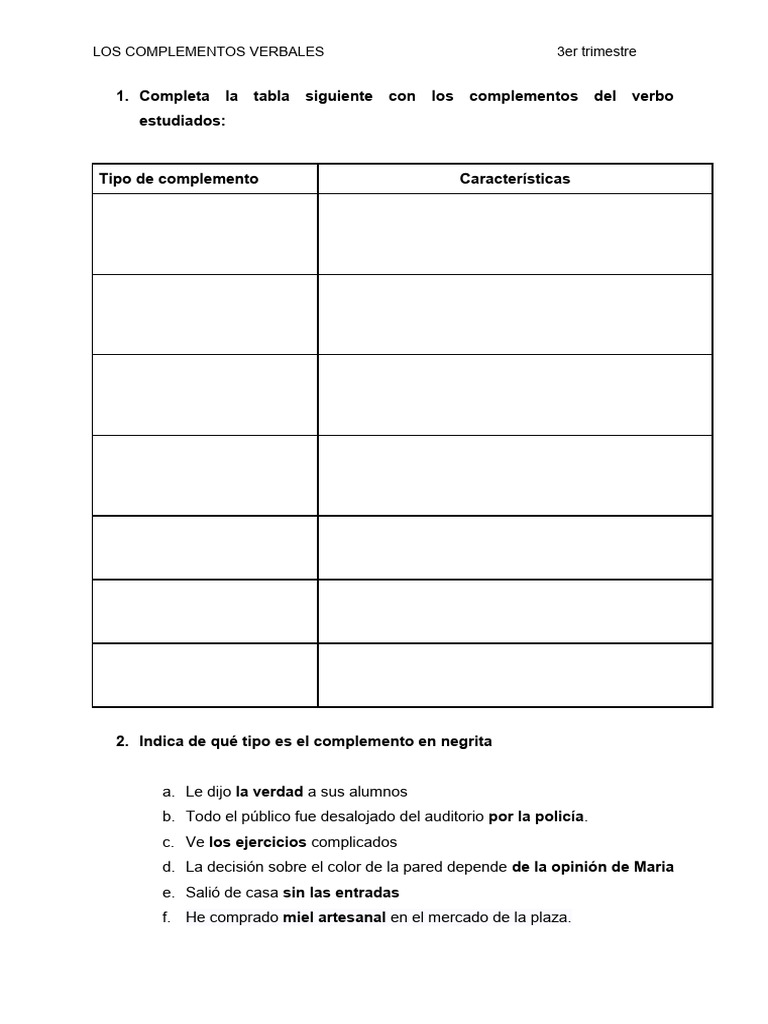 Ejercicios de Los Complementos Verbales | PDF | Novela negra, policíaca ...