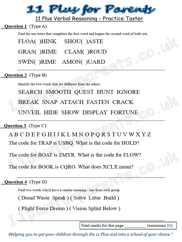11 Plus Verbal Reasoning Practice Test | PDF