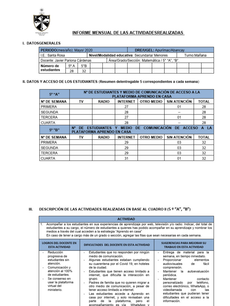 Informe de Actividades Educativas Mayo 2020 | PDF | Ecuaciones | Internet