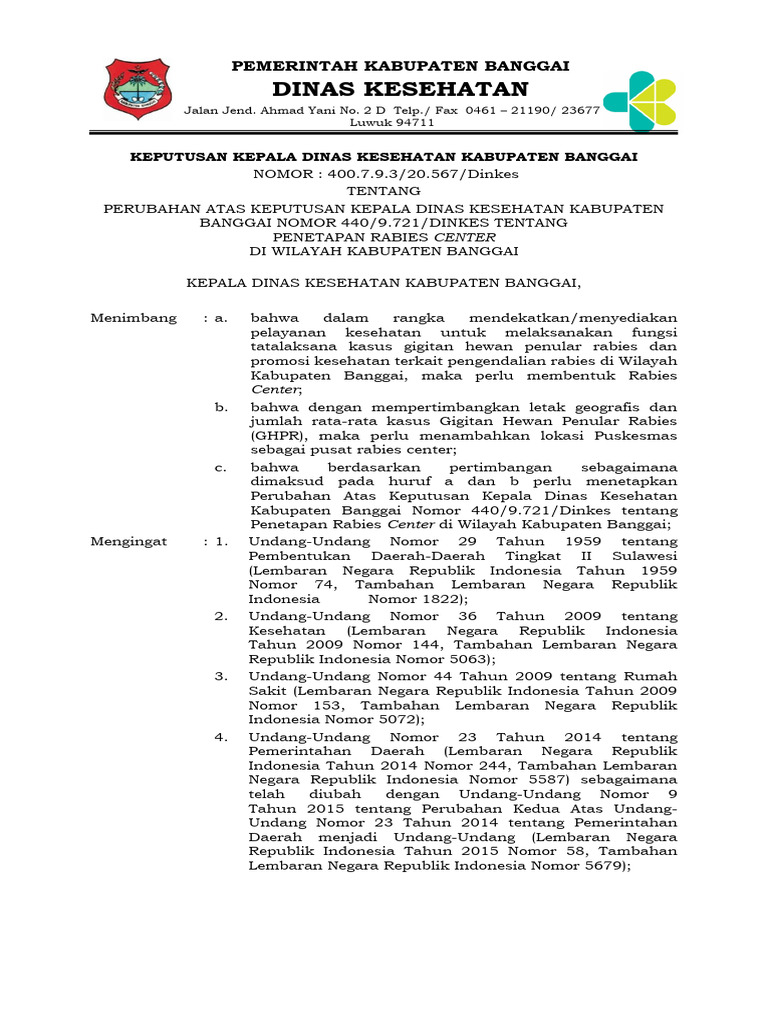 SK Rabies Center Kabupaten Banggai Tahun 2023 | PDF