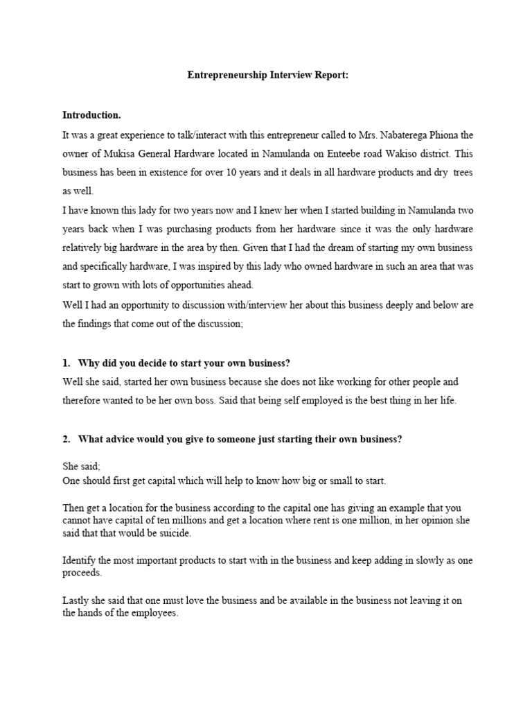 Entrepreneur Interview Report | PDF | Entrepreneurship | Learning