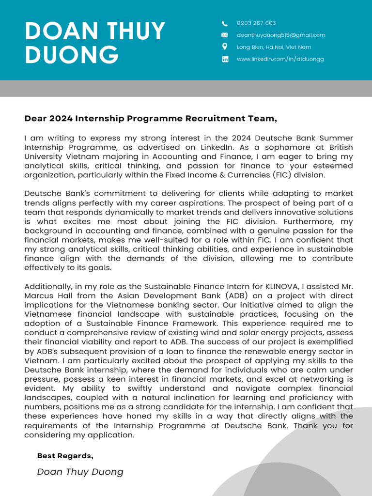 2024 Deutsche Bank Internship Cover Letter PDF Asian Development