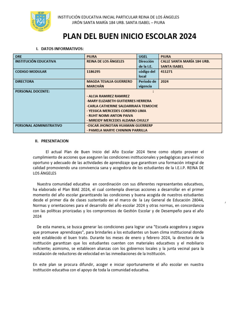Plan Buen Inicio Del Ano Escolar 2024 Reina | PDF | Escuelas | Evaluación