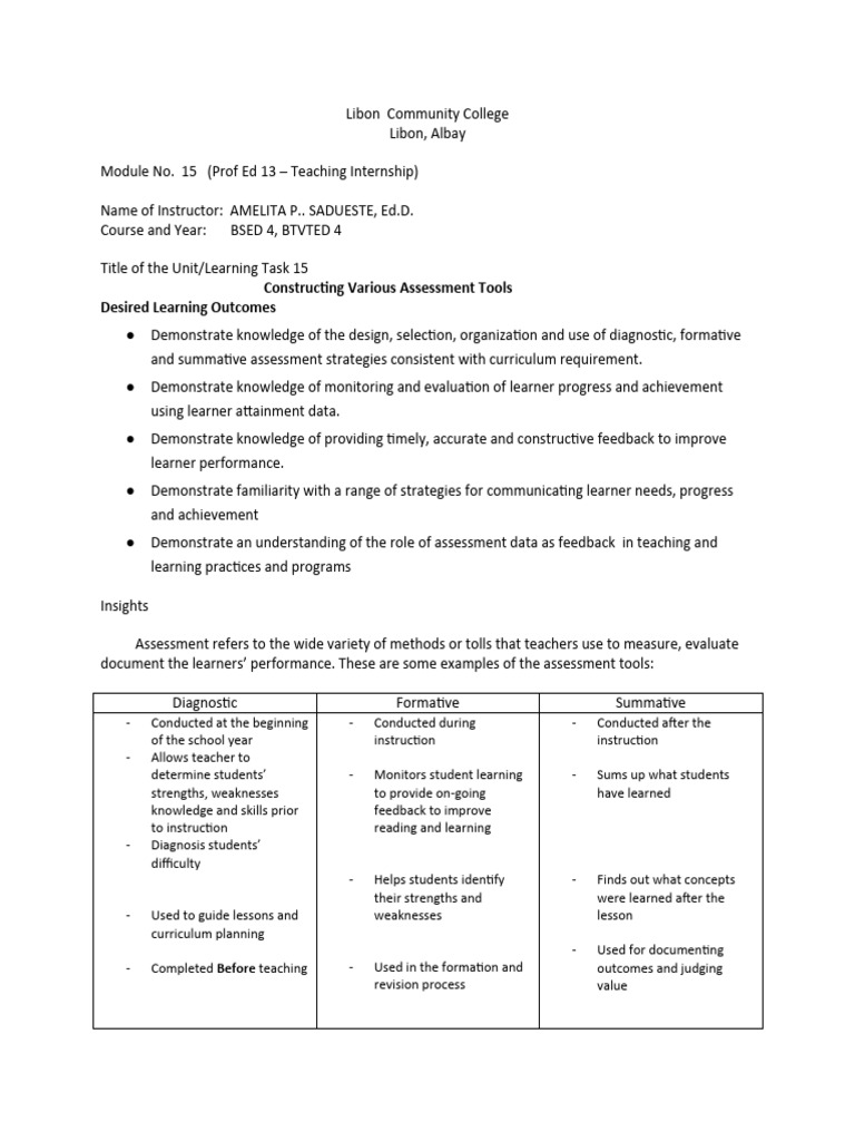 Assessment Tools for Teaching Internship | PDF | Educational Assessment ...