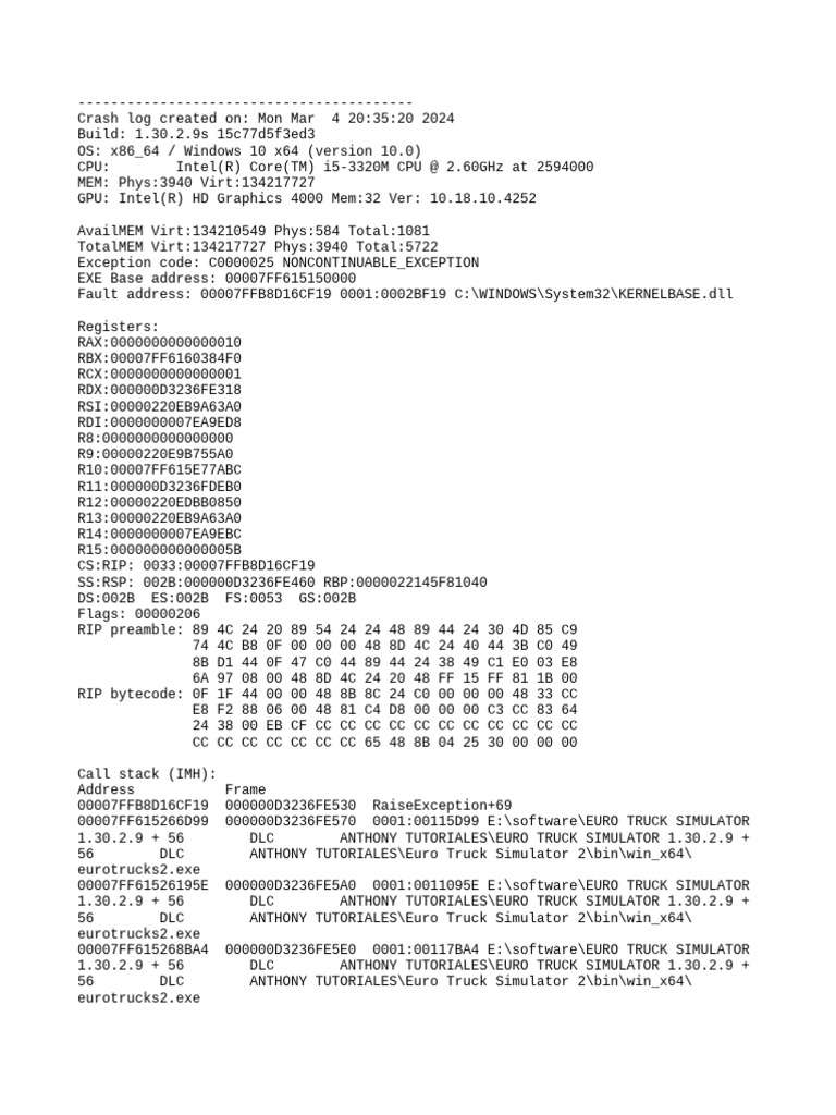 Euro Truck Simulator 2 Crash Log 1.30.2.9s | PDF | Operating System ...