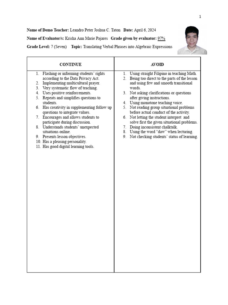 Pajares - Ve Evaluator Continue-Avoid Form Template | PDF | Learning ...