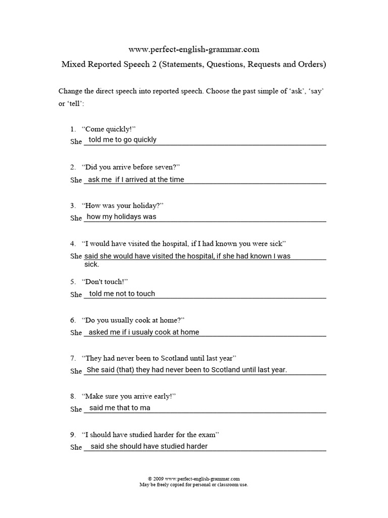 Reported Speech Mixed Exercise 2 | PDF | Language Arts & Discipline
