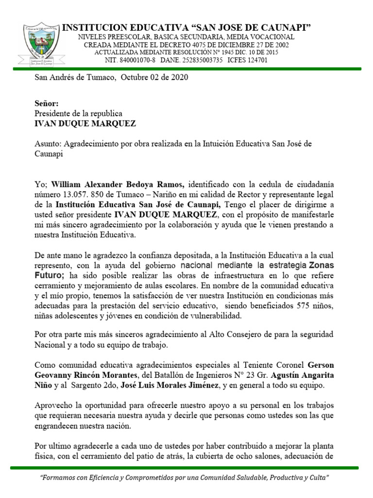 Agradecimiento a la I.E. San José de Caunapi | PDF
