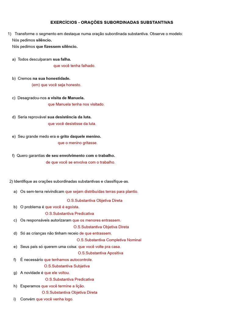 Exercícios de Orações Subordinadas Substantivas | PDF | Sintaxe ...