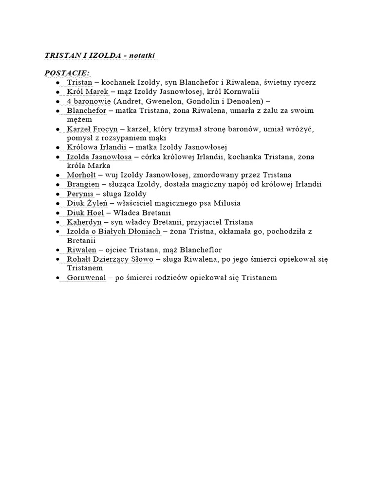 Tristan I Izolda Streszczenie Szczegółowe Tristan I Izolda | PDF