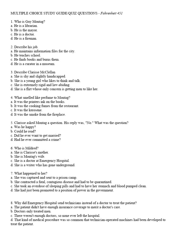 Fahrenheit 451 Study Guide Questions | PDF