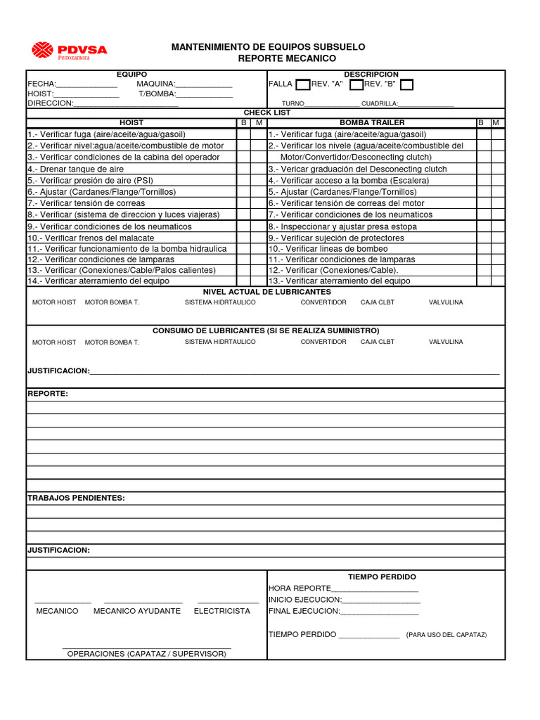 Reporte Check List Actualizado 02-08-18 | PDF | Ingeniería mecánica