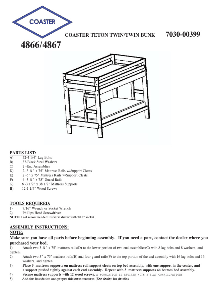Coaster Twin/Twin Bunk Bed Assembly Guide | PDF | Home &amp; Garden | Technology &amp; Engineering