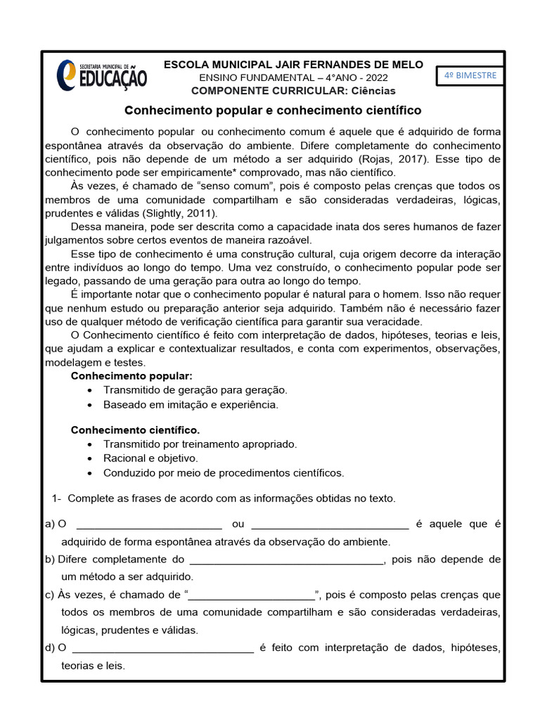 Conhecimento Popular e Científico no 4º Ano | PDF | Science | Conhecimento