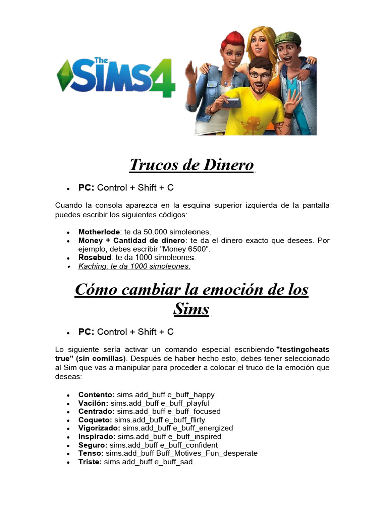 Trucos de Dinero y Emociones en Sims 4 | PDF