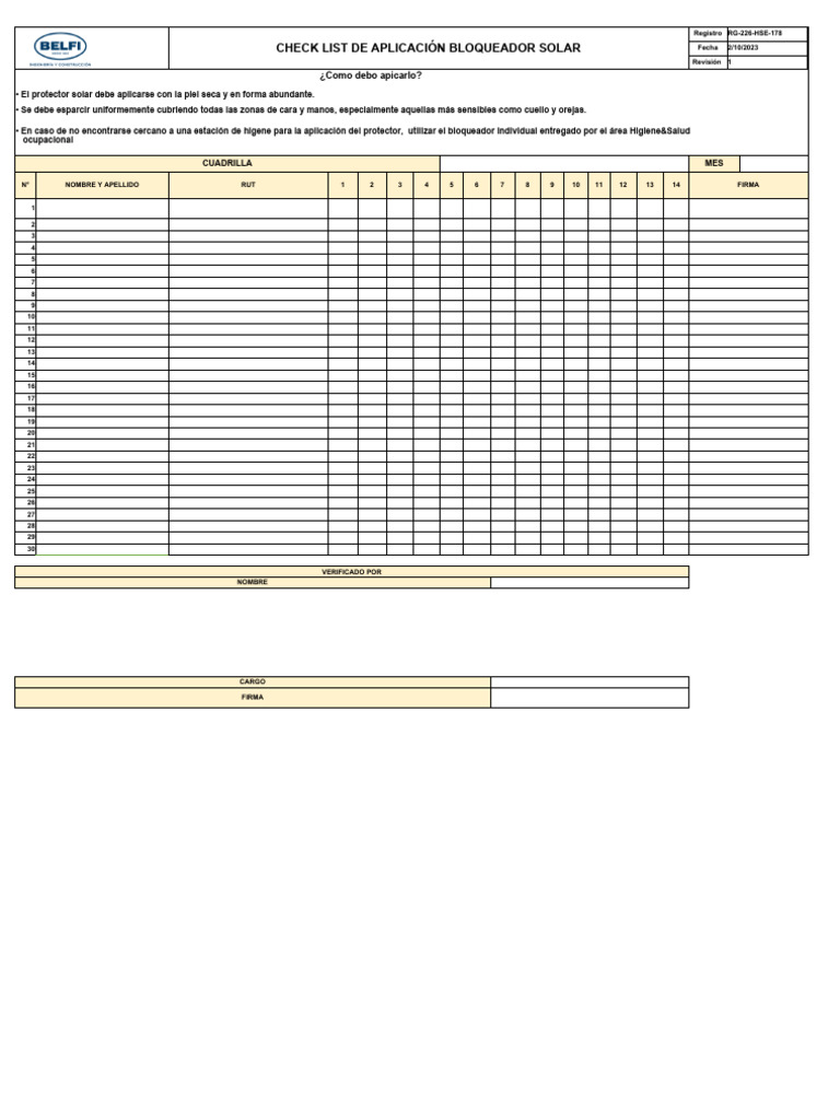 RG-226-HSE-178 - 1 Check List Aplicación de Protector Solar | PDF
