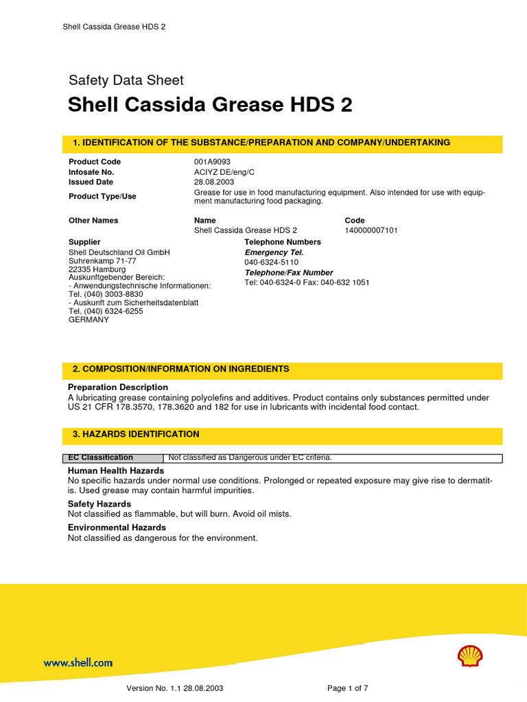 Sicherheitsdatenblatt: Shell Cassida Grease HDS 2 | PDF | Toxicity ...