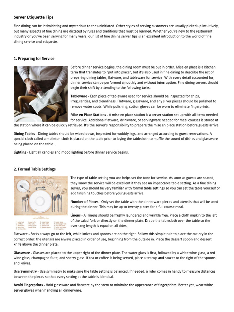 Fine Dining Server Etiquette Guide | PDF | Tableware | Waiting Staff