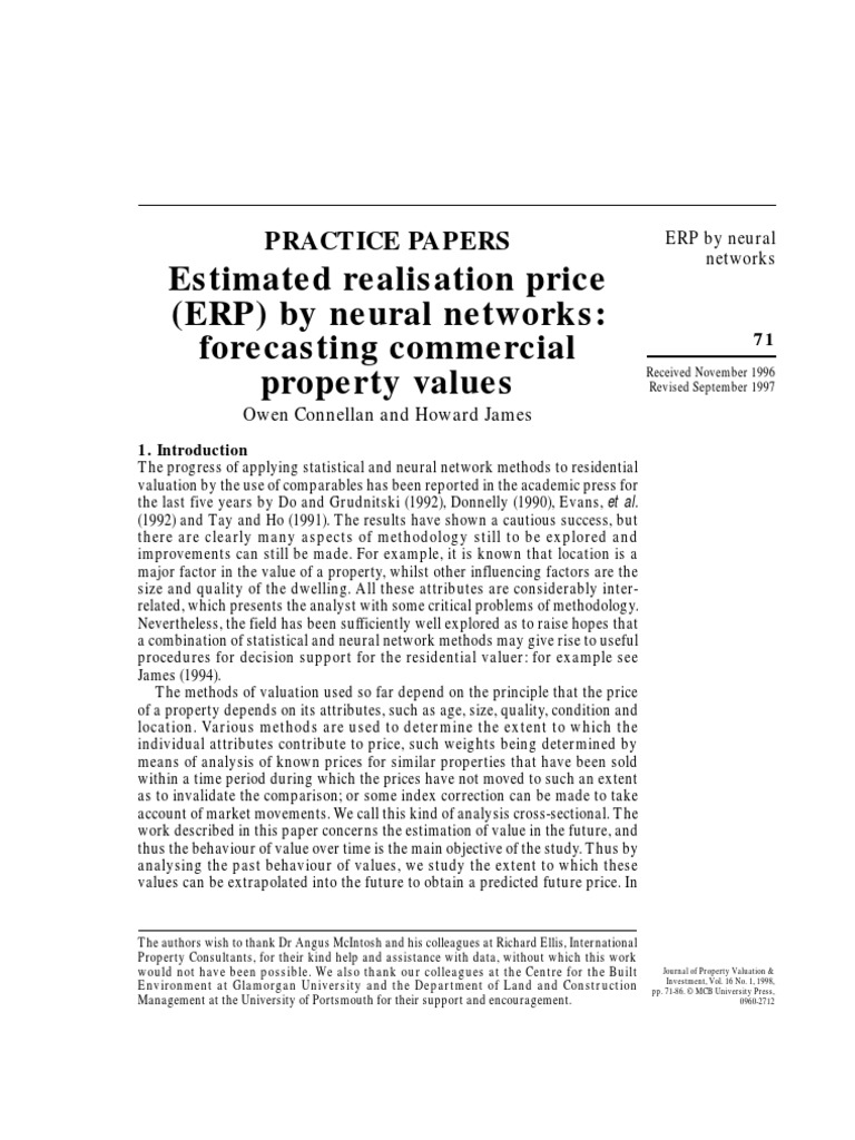 Estimated Realisation Price (ERP) by Neural Networks Forecasting