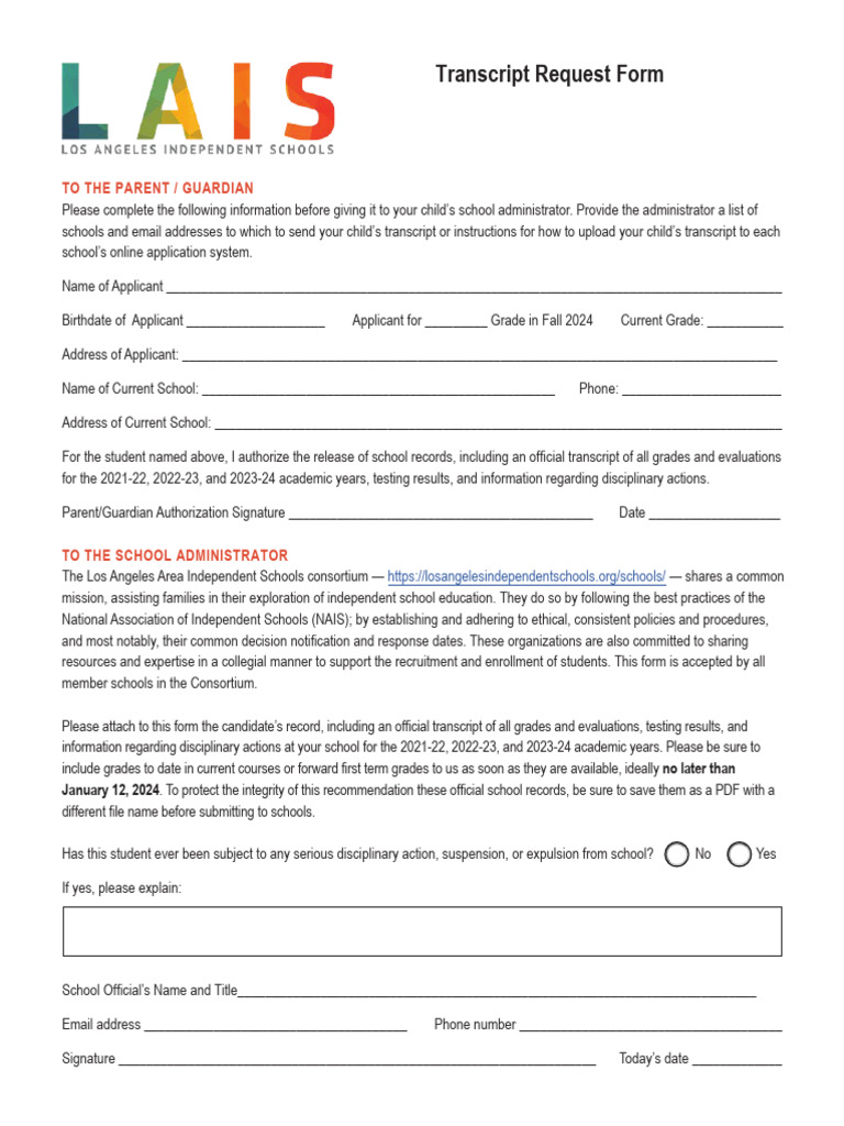 LAIS Transcript Release Form 2024-25 | PDF | Career & Growth | Business