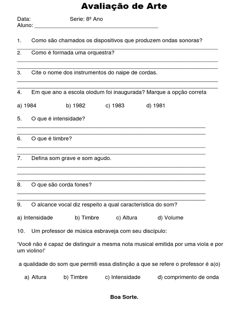 Avaliação de Arte 8º Ano: Música e Instrumentos | PDF