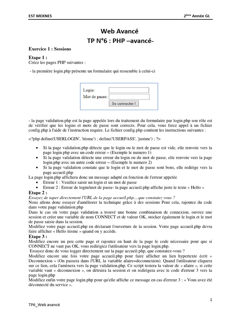 Web Avancé TP N°6: PHP - Avancé-: Exercice 1: Sessions Etape 1 | PDF ...