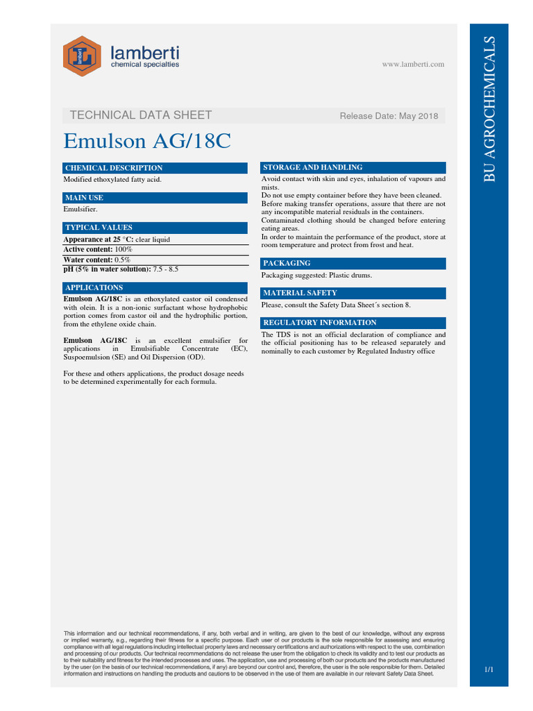 Emulson AG/18C Technical Data Sheet | PDF | Emulsion | Chemical Substances