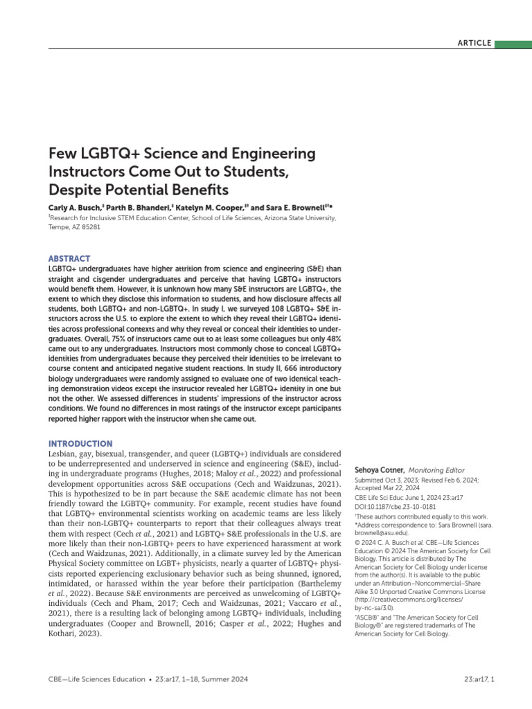 Busch Et Al 2024 Few LGBTQ Science and Engineering Instructors Come Out ...
