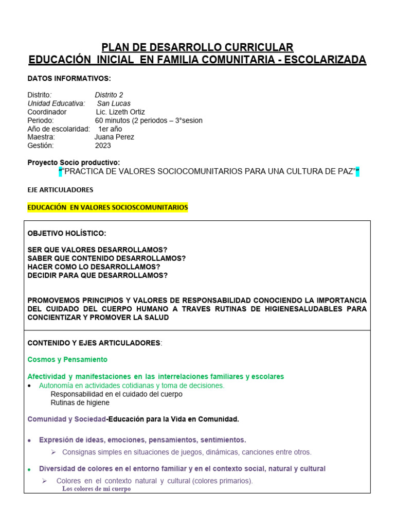 Plan Curricular Educación Inicial 2023 | PDF | Higiene | Educación de ...