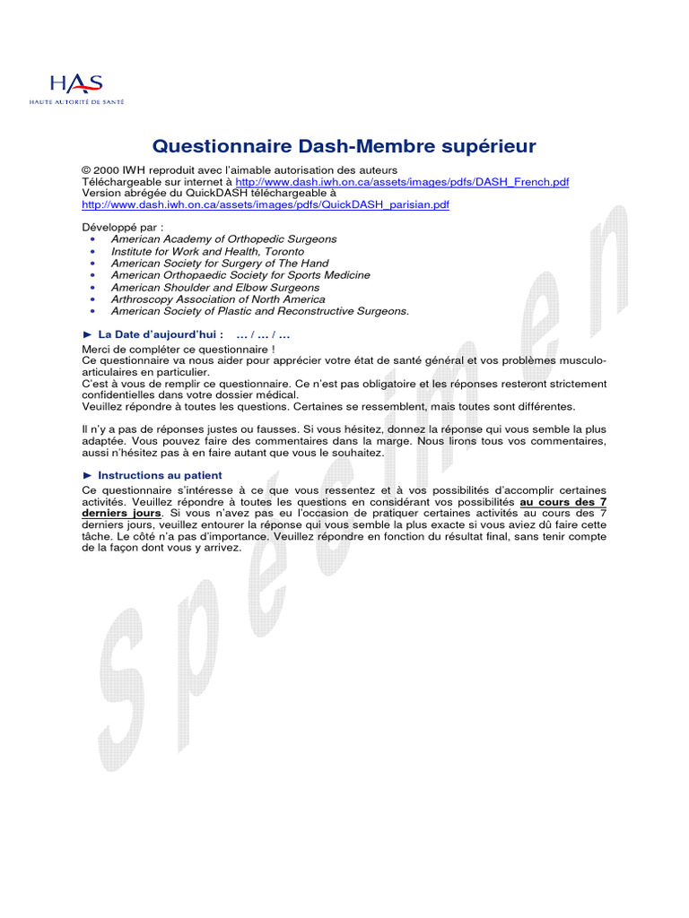 Questionnaire Dash pour Évaluation Épaule | PDF | Douleur
