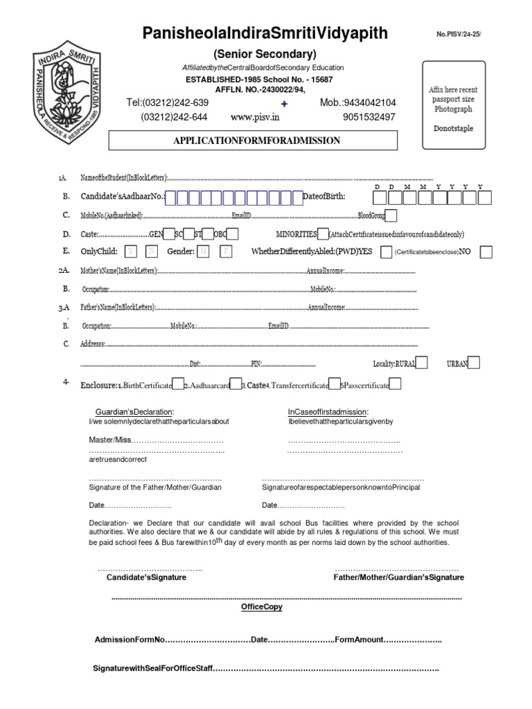Admission Form for PISV 2024-25 | PDF