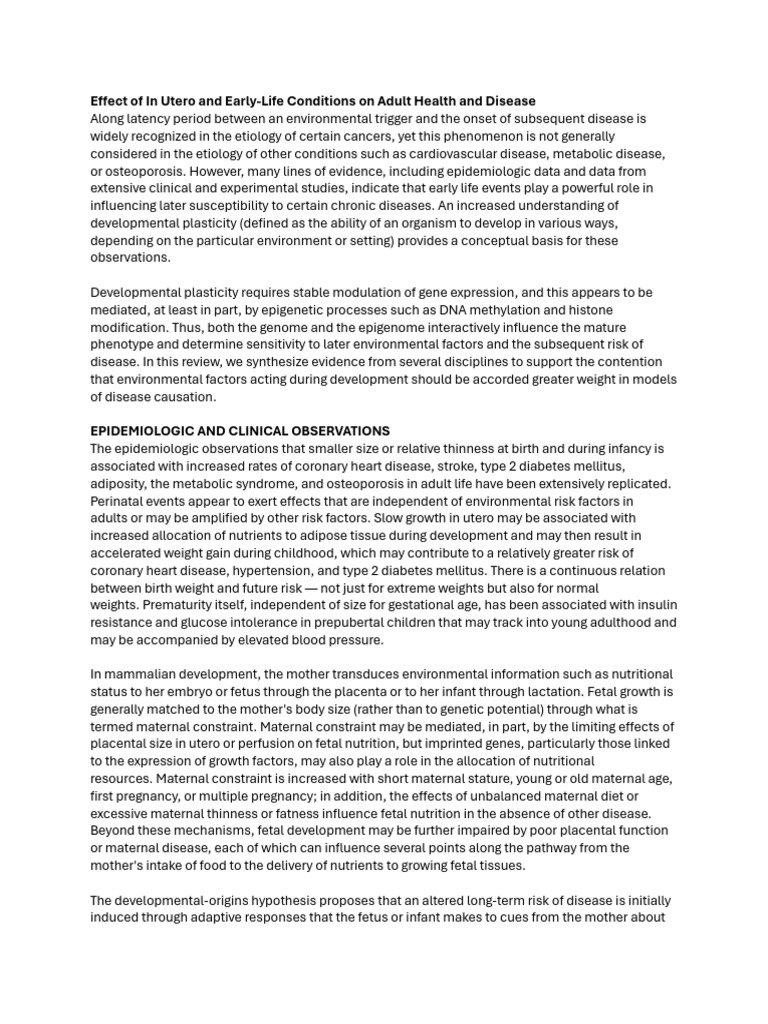 2.1. Effect of in Utero and Early-Life Conditions On Adult Health and ...
