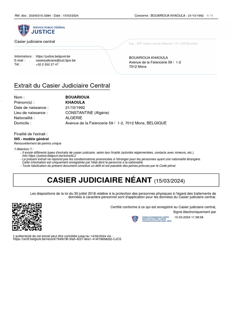 Extrait de casier judiciaire - Khaoula B. | PDF | Droits de l'homme ...