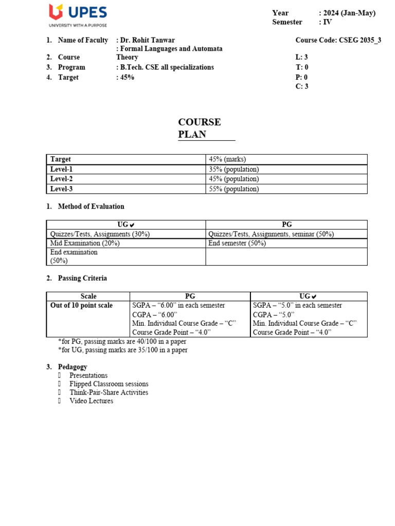 FLAT CoursePlan - Jan 2024 | PDF | Engineering | Theoretical Computer ...
