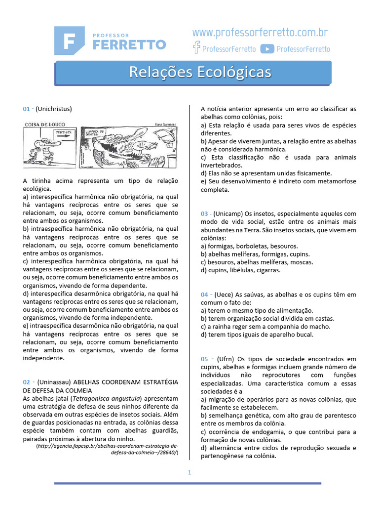Questões Relações Ecológicas | PDF | Formiga | Ecologia