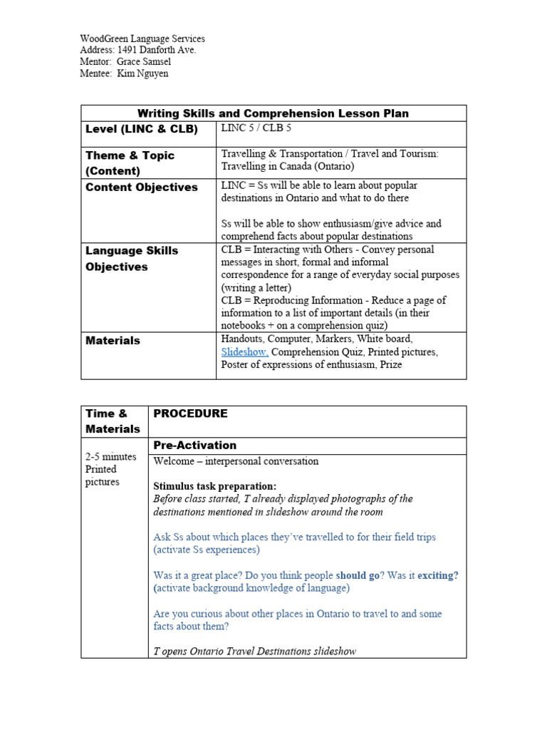 Ontario Travel Lesson Plan for ESL | PDF | Mentorship | Tourism