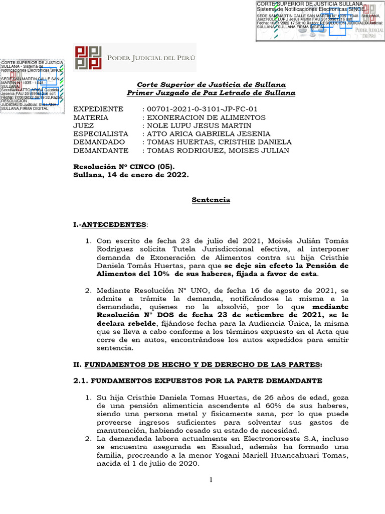 Sentencia de Exoneración de Alimentos | PDF | Debido al proceso