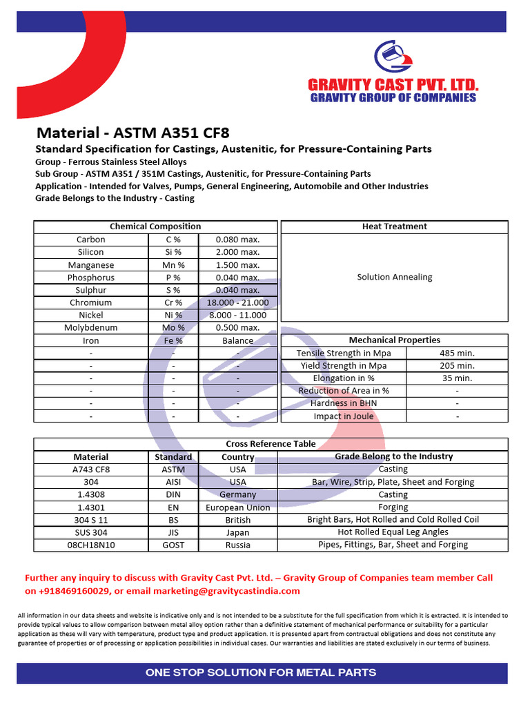ASTM A351 CF8 Material Specifications | PDF | Industrial Processes ...