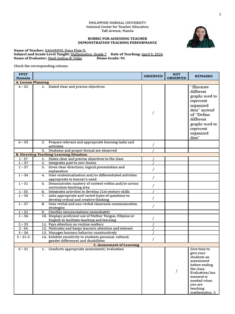 Demo Teaching Rubric Form Template | Download Free PDF | Learning ...