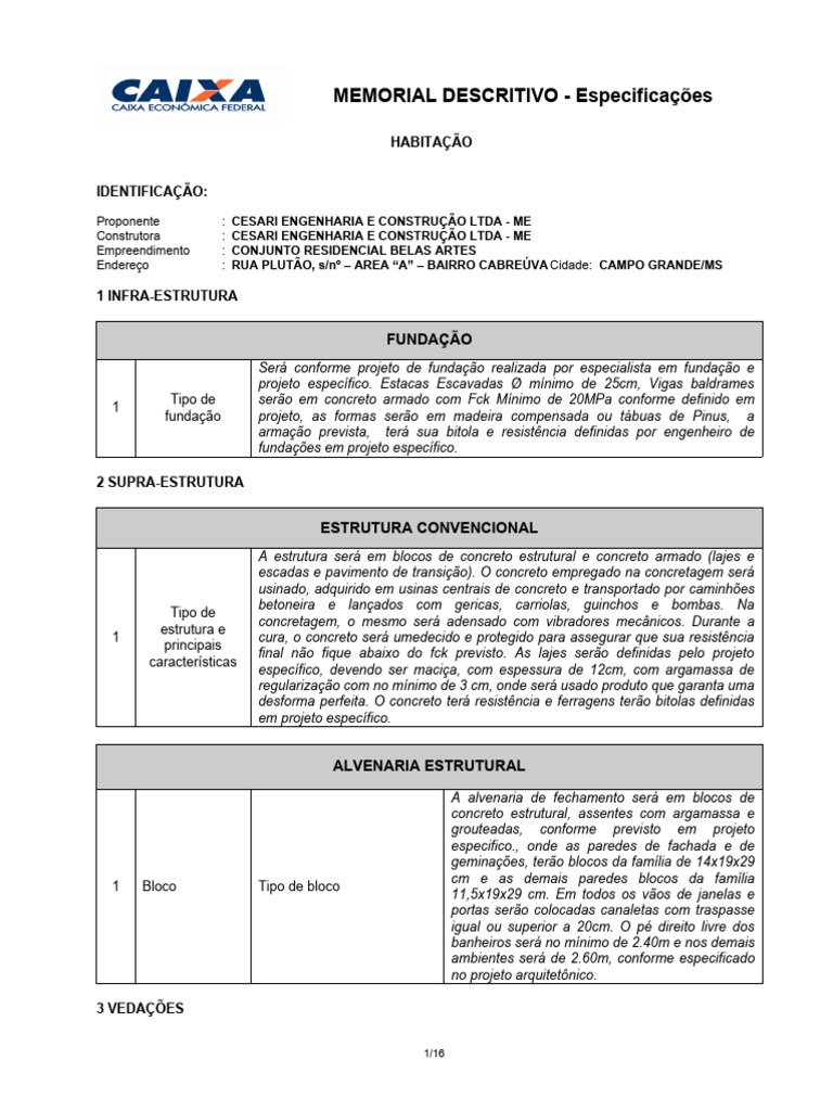 Memorial Descritivo do Conjunto Residencial | PDF | Argamassa ...