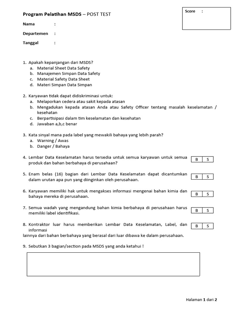 Pelatihan MSDS: Uji Pengetahuan Keselamatan | PDF