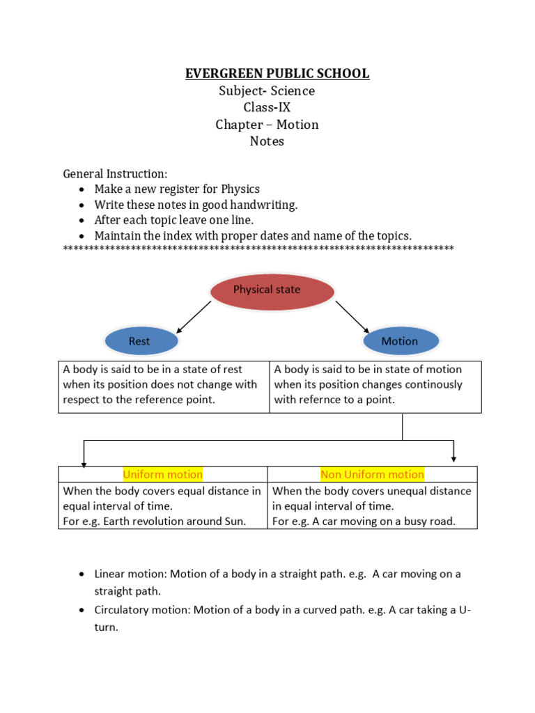 IX PHY Motion Notes | PDF | Velocity | Acceleration