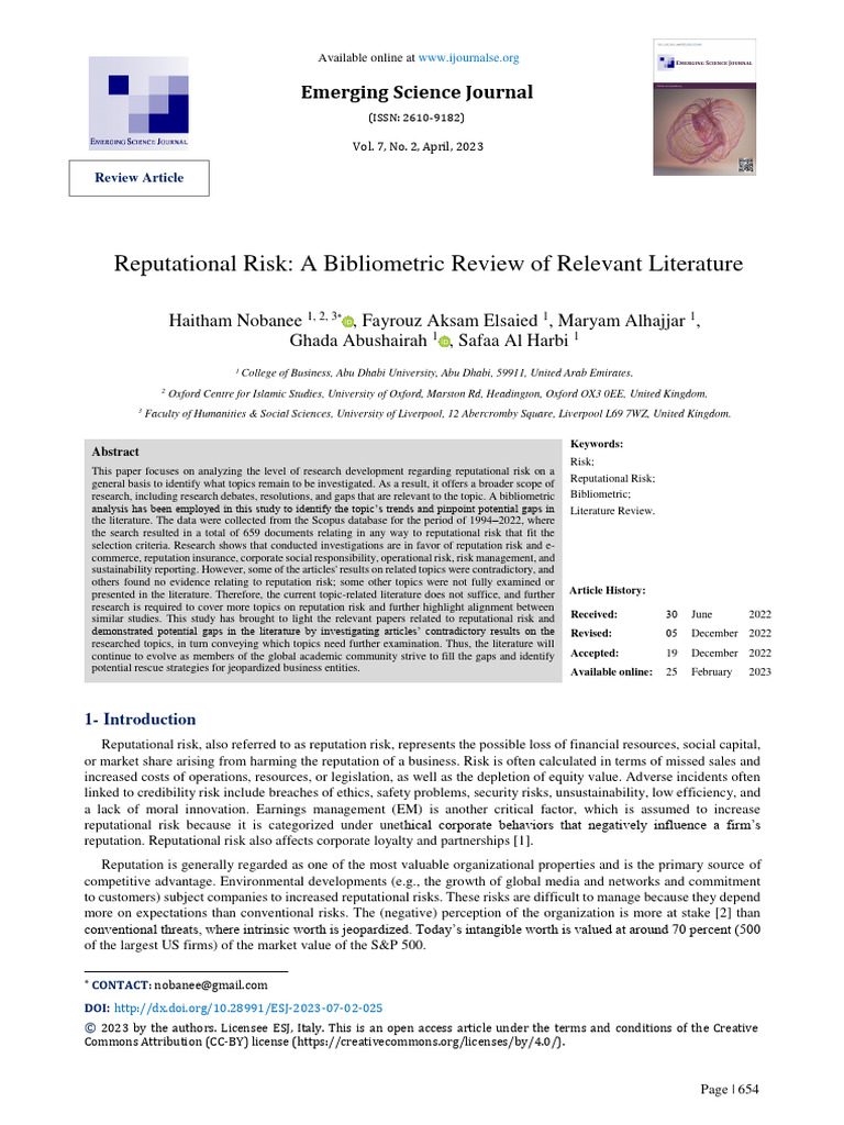 Reputational Risk: A Bibliometric Review | PDF | Reputation | Risk