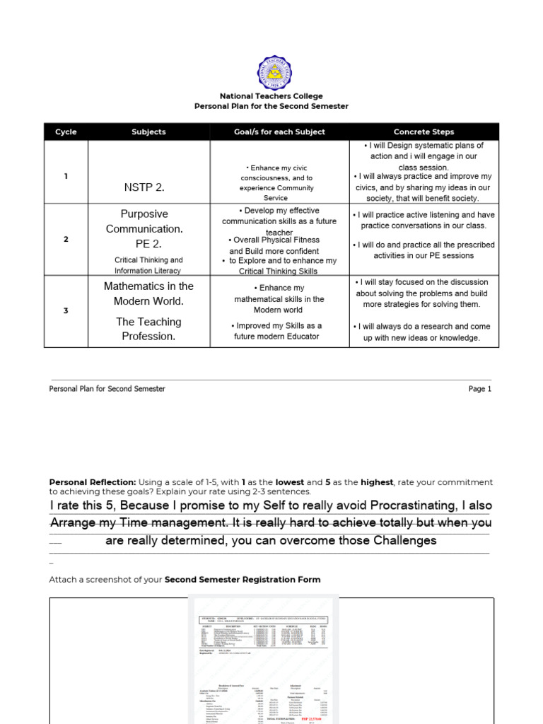 Personal Plan for Second Semester | PDF | Physical Education | Thought