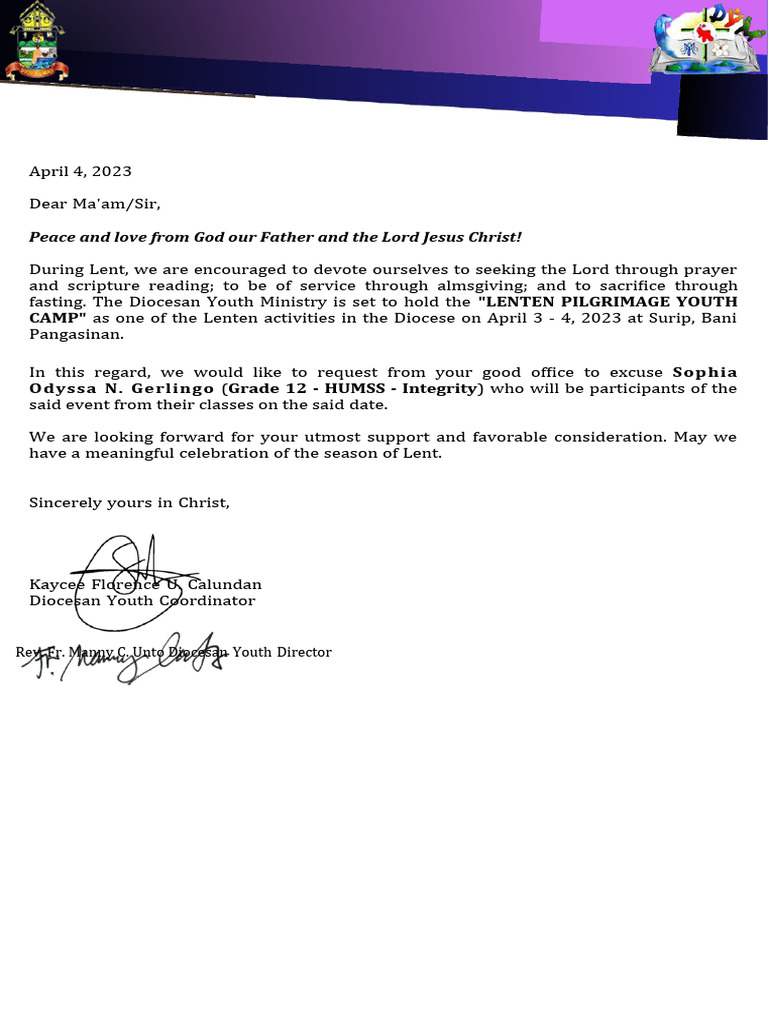 Excuse Letter for Lenten Pilgrimage | PDF