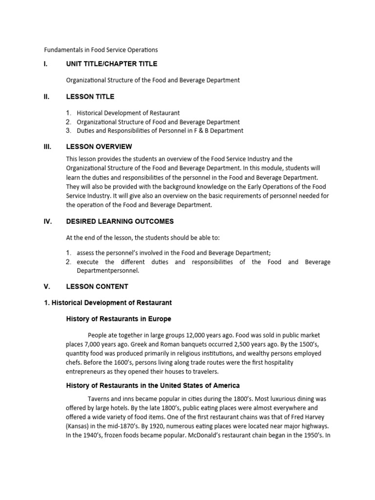 Fundamentals in Food Service Operations Part 1 PDF Restaurants