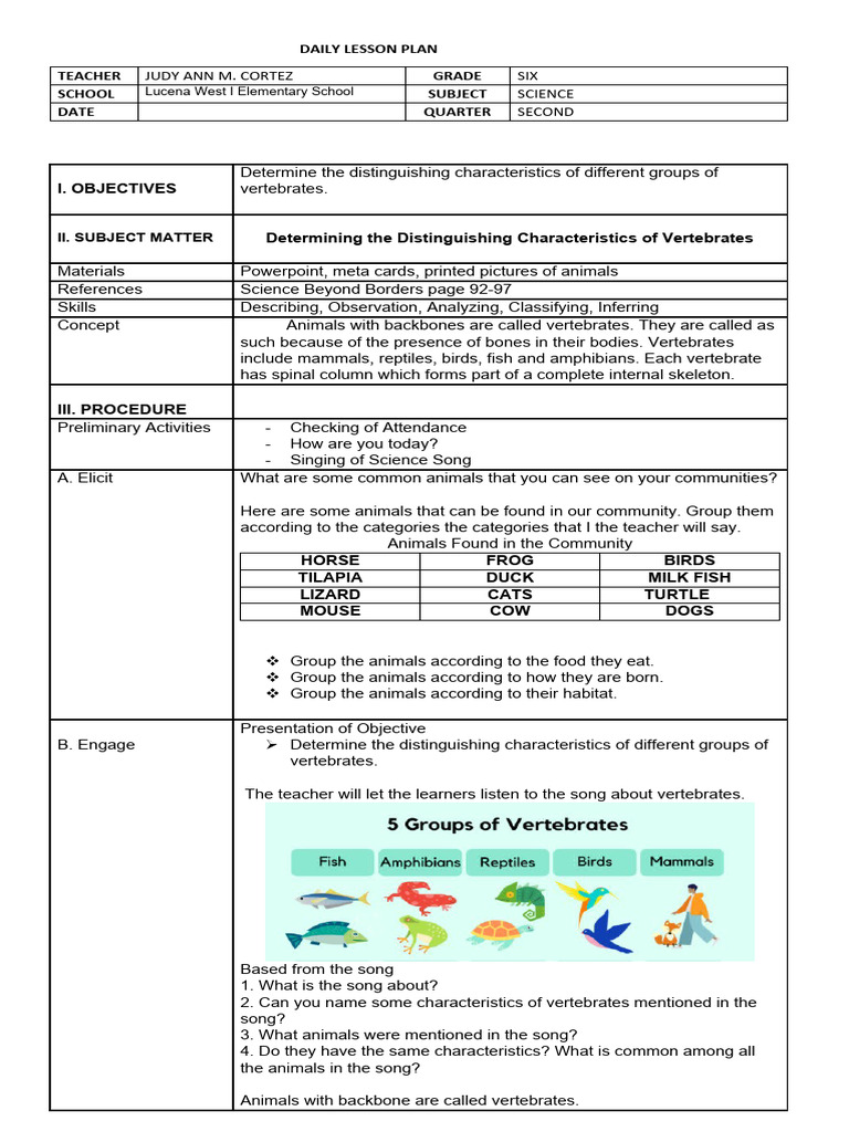 DAILY LESSON PLAN Science 6 | PDF | Reptile | Vertebrates