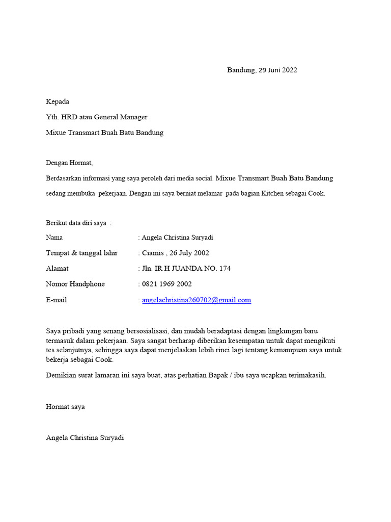 Surat Lamaran Mixue Transmart Buah Batu Bandung PDF