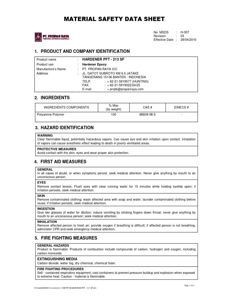 MSDS Hardener PFT - 213 SF | PDF | Combustion | Exhaust Gas