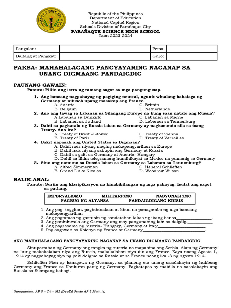 AP 8 Worksheet Mahahalagang Pangyayaring Naganap Sa WW1 | PDF